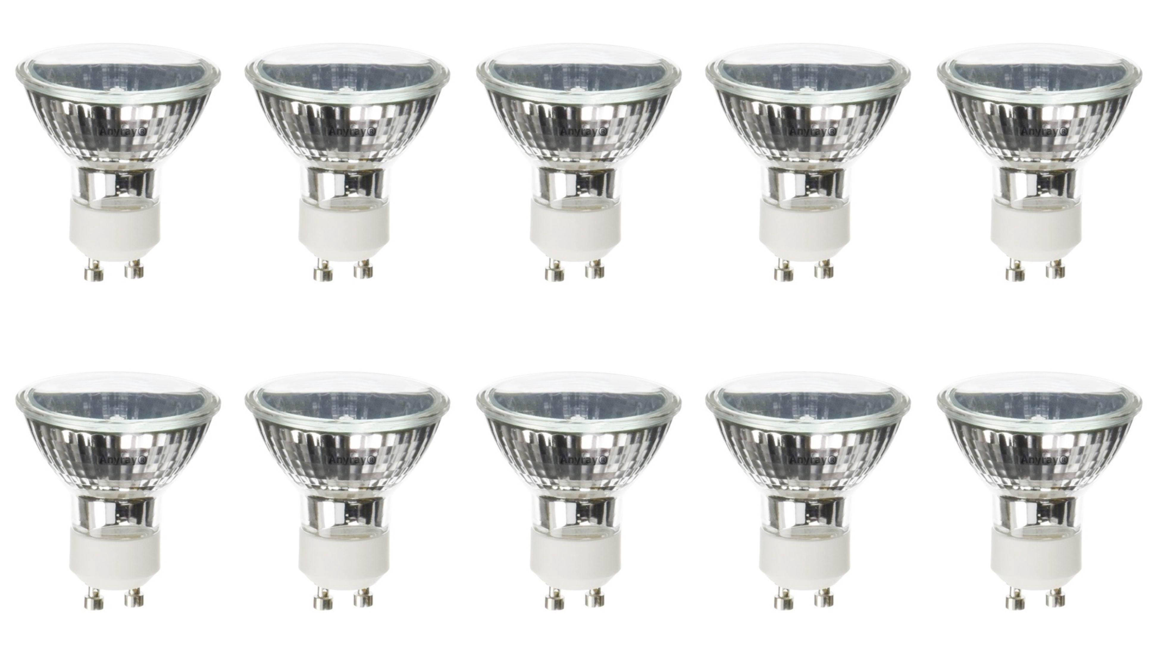 Anyray 10-Pack GU10 20W Light Bulbs – 120V, MR16 Flood, 2500-Hour Life, Dimmable, 2700K Warm White