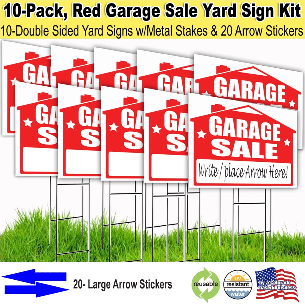 10 Pack Garage Sale Sign Kit with stakes, and arrow stickers