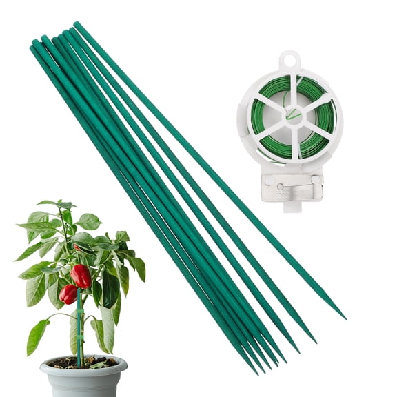 10 Pack Garden Wood Plant Stakes, 0.2" x 11.81" Bamboo Sticks with Wire, Green