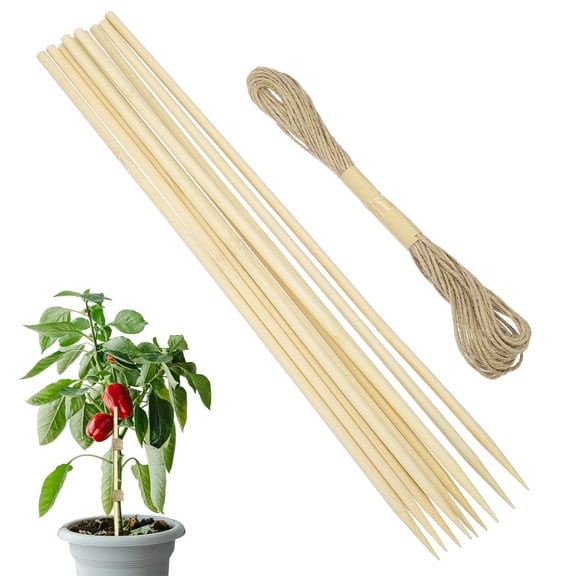 10 Pack Garden Wood Plant Stakes, 11.81" Bamboo Sticks with Rope, Natural Color