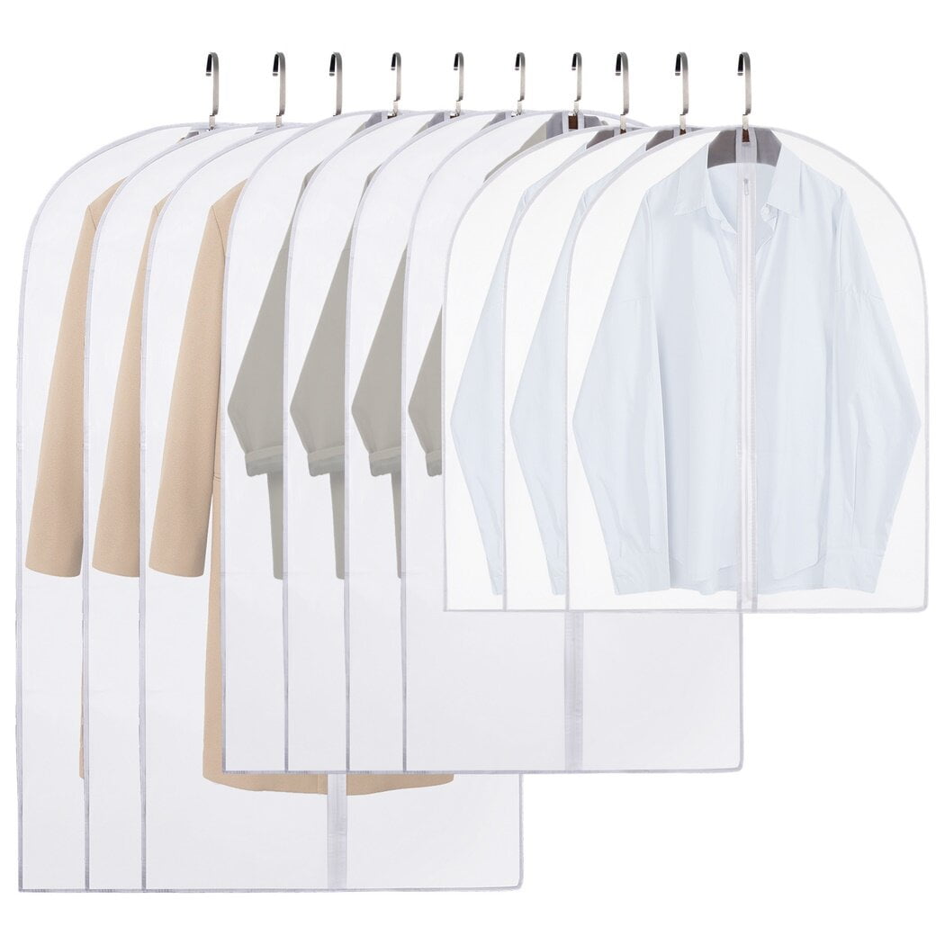 10 Pack Garment Bags, Clear Zippered Protectors in 3 Sizes for Hanging