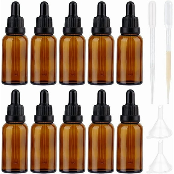 10 Pack Glass Dropper Bottle 10 ml (1/3 oz) Essential Oil Dropper Bottle Brown Dropper Bottle Refillable Tincture Bottles with 2 Funnels 2 Pipettes for Travels Massage Oil Perfume Brown