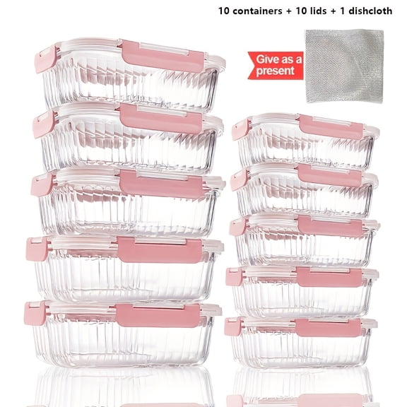 10-Pack Glass Food Storage Containers with Airtight Lids + 1 Dishcloth, Microwave Oven Fridge Dishwasher Safe, for Meal Prep Office School Camping, Christmas Gift Set