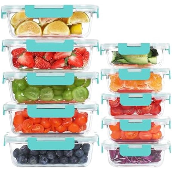 10 Pack Glass Food Storage Containers, Meal Prep Containers with Lids, Airtight Glass Lunch Boxes, Freezer, Oven, and Microwave Safe, Green