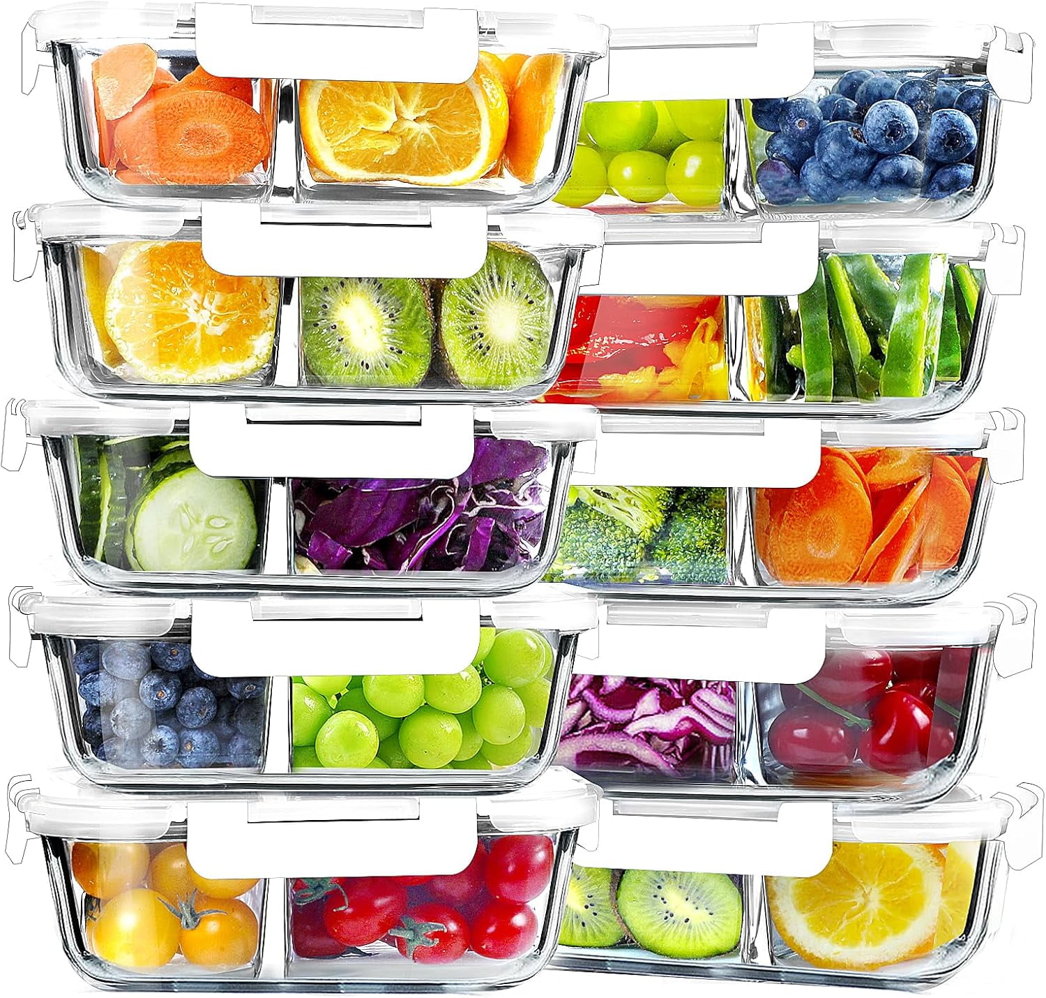 10 Pack Glass Meal Prep Containers 2 Compartment Set, 30 OZ Airtight ...