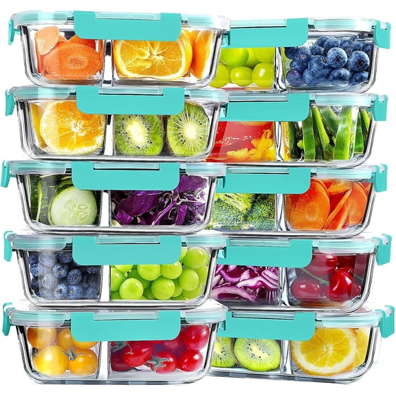 10 Pack Glass Meal Prep Containers - 2 Compartment Set, 30 OZ Airtight Glass Lunch Containers with Lids, for Microwave, Oven, Freezer & Dishwasher Friendly, Green