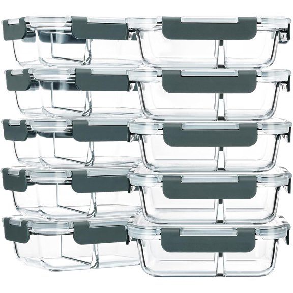 10-Pack Glass Meal Prep Containers with 2 Compartments, Airtight Lunch Bento Boxes with Lids, Glass Food Storage Containers, Microwave, Oven, Freezer and Dishwasher Safe