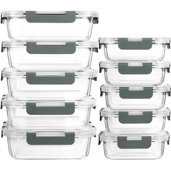 10-Pack Glass Meal Prep Containers with Airtight Snap Lock Lids, Microwave, Oven, Freezer Safe Food Storage, BPA-Free, Durable and Leakproof Lunch Prep Containers