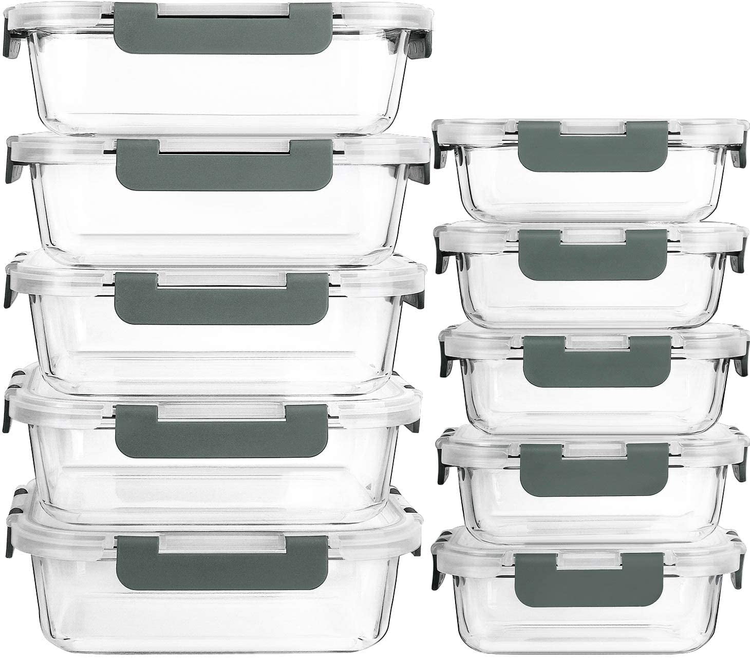 [10-Pack] Glass Meal Prep Containers with Lids, Food Storage Containers with Snap Locking Lids, Airtight Lunch Containers, Microwave, Oven, Freezer and Dishwasher, Gray