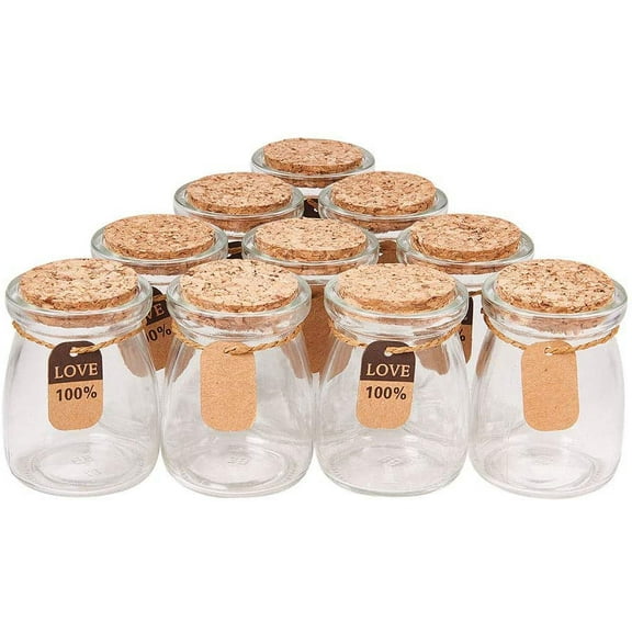 10 Pack Glass Wedding Party Favor Jars with Cork Lids Label Tags and String for Candy Spices Seashell Collection Candle Making and More diy Clear