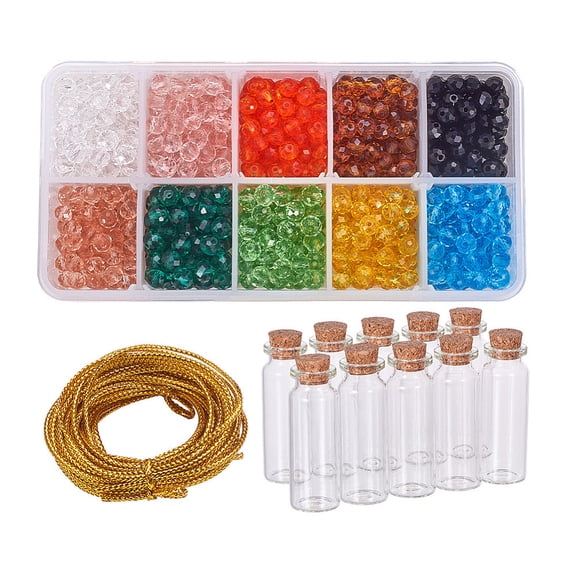 10 Pack Glass Wishing Bottle Set Faceted Glass Beads (900PCS) with Plastic Compartment Box 5 Yard Gold Metalic Thread for Decoration Jewelry Making DIY