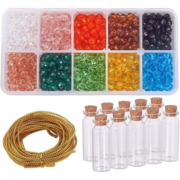 10 Pack Glass Wishing Bottle Set Faceted Glass Beads (900PCS) with Plastic Compartment Box 5 Yard Gold Metalic Thread for Decoration Jewelry Making
