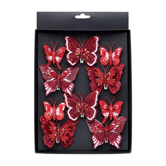 10 Pack Glitter Butterfly Decorations, Christmas Tree Butterfly Ornaments, Artificial Butterflies with Clip for Xmas Party Wreath Garland Decor, 3 Sizes 3D Butterfly Hanging Decor,Red