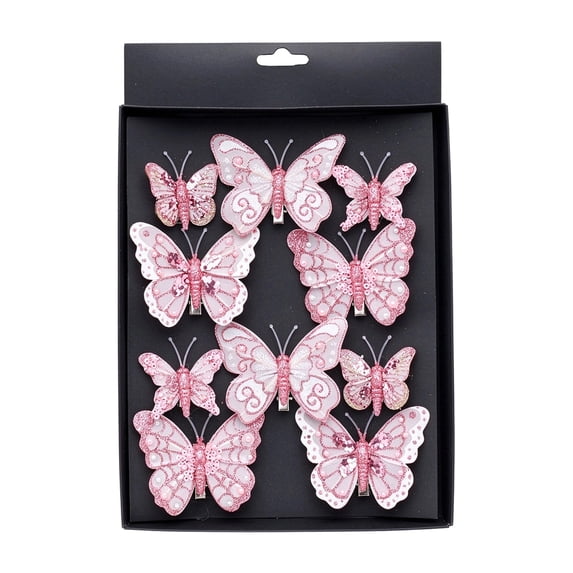 10 Pack Glitter Butterfly Decorations, Christmas Tree Butterfly Ornaments, Artificial Butterflies with Clip for Xmas Party Wreath Garland Decor, 3 Sizes 3D Butterfly Hanging Decor,Pink