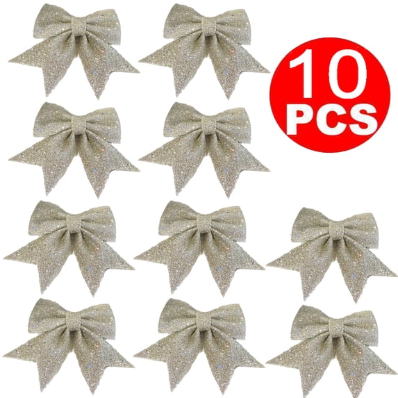 10 Pack Glitter Christmas Wreaths Bows Xmas Tree Decoration Bows Cloth Christmas Crafts Bows for Christmas Indoor and Outdoor Ornaments, 15 x 12 cm