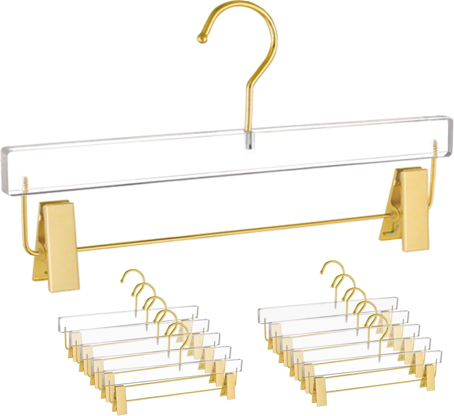 10 Pack Gold Acrylic Hangers,Clear Hangers with Gold Hooks,Luxurious Skirt Pants Hangers Gold Clips for Clothing Closet Storage