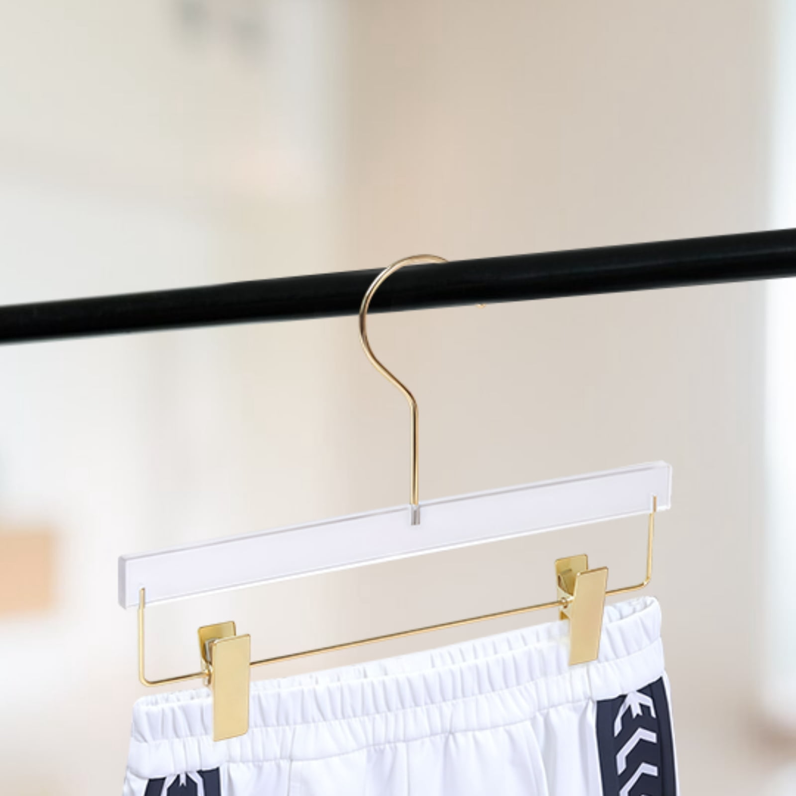 10 Pack Gold Acrylic Hangers with Clips, Adult Transparent Right Angle Hook, Space-Saving, Quality Design, Ideal for Pants and Clothes Organization