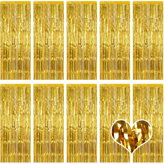 10 Pack Gold Backdrop Curtain 3.2ft x 8.2ft Metallic Tinsel Foil Fringe Curtains Photo Booth Background for Birthday Party Decoration Baby Shower Engagement Wedding Christmas (Gold)