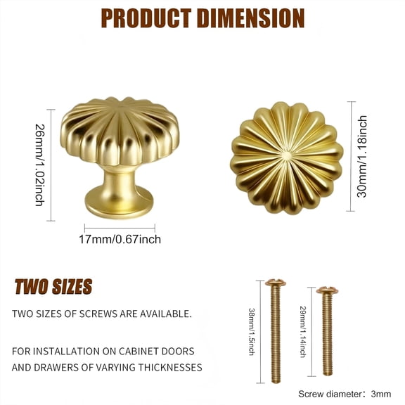 10 Pack Gold Cabinet Knobs, 1-1/6 Inch Vintage Fluted Drawer Knobs for Kitchen Cabinets, Premium Gold Dresser Handles with 2 Size Screws for Cupboard Wardrobe Hardware