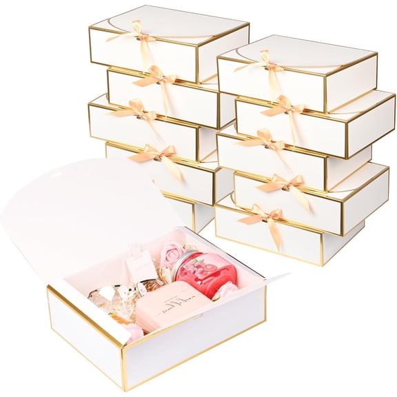 10 Pack Gold Foil Gift Boxes with Lids, 10.6x7.8x3.1Inch Luxury Bridesmaid Proposal Box, White Gift Boxes for Presents, Wedding, Baby Shower, Birthday Party