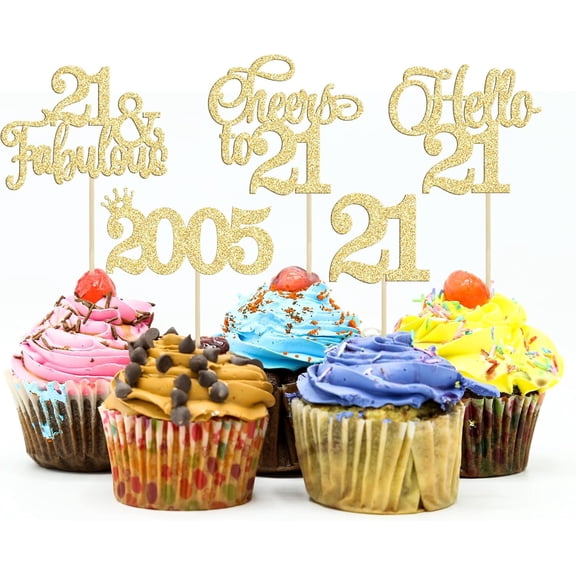 10 Pack Gold Glitter 21st Birthday Cupcake Toppers, 21 & Fabulous Cheers to 21 Cake Picks Decorations