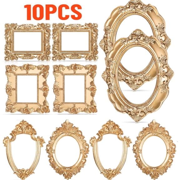 10 Pack Gold Picture Frames, Small Vintage Flower Oval Rectangle Frames, Wall Hanging Frame for Wedding Holiday Party Decor