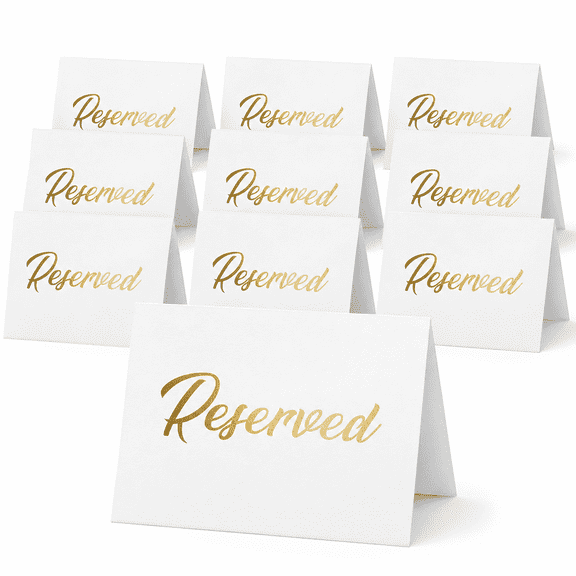 10 Pack Gold Reserved Table Signs, 3 x 4 Inch Double-Sided White and Gold Freestanding Tent Cards for Weddings, Restaurants, Parties and Event Seating