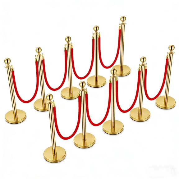 10-Pack Gold Stanchion Posts with 8 Ropes, 5FT Luxury Crowd Control Barriers for VIP Events, Weddings, Theaters, and Red Carpet Entrances, Heavy-Duty Queue Poles with Easy Assembly