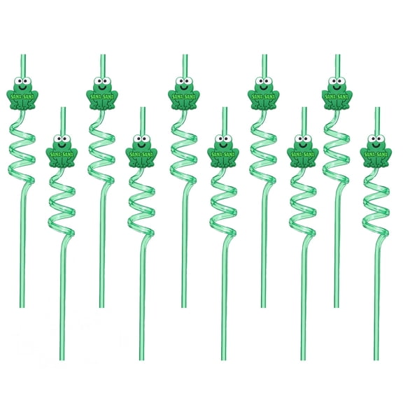 10-Pack Green Frog Character Spiral Reusable Drinking Straws, Fun Cartoon Animal Decorative Straws for Zoo Theme Parties and Celebration Party Favors