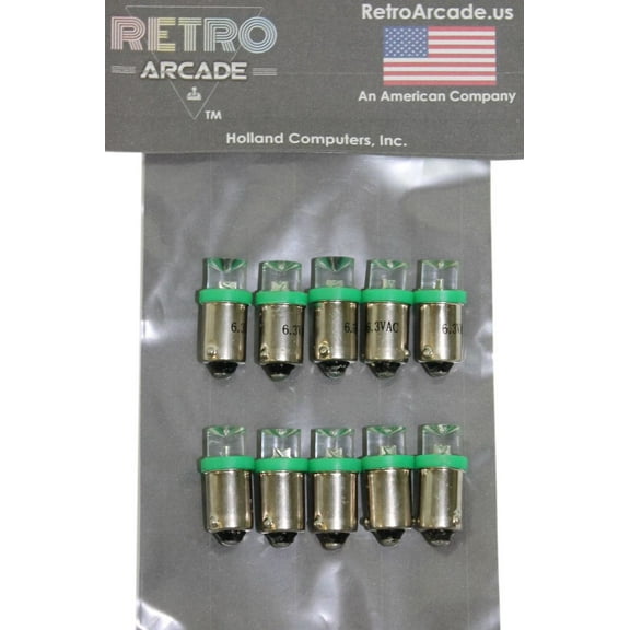 10 Pack, Green Pinball 6.3 Volt AC LED Round Replacement Bulbs 44/47 Bayonet Base BA9S, Concave Top