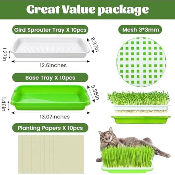 10 Pack Green Seed Sprouter Trays- Soil-Free Cultivation Germination Tray, BPA Free Nursery Tray with Planting Paper for Indoors or Outdoors Sprouting Seeds, Grow Grass, Beans (Without Lids)