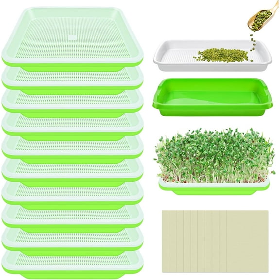 10 Pack Green Seed Sprouter Trays- Soil-Free Cultivation Germination Tray, BPA Free Nursery Tray with Planting Paper for Indoors or Outdoors Sprouting Seeds, Grow Grass, Beans (Without Lids)