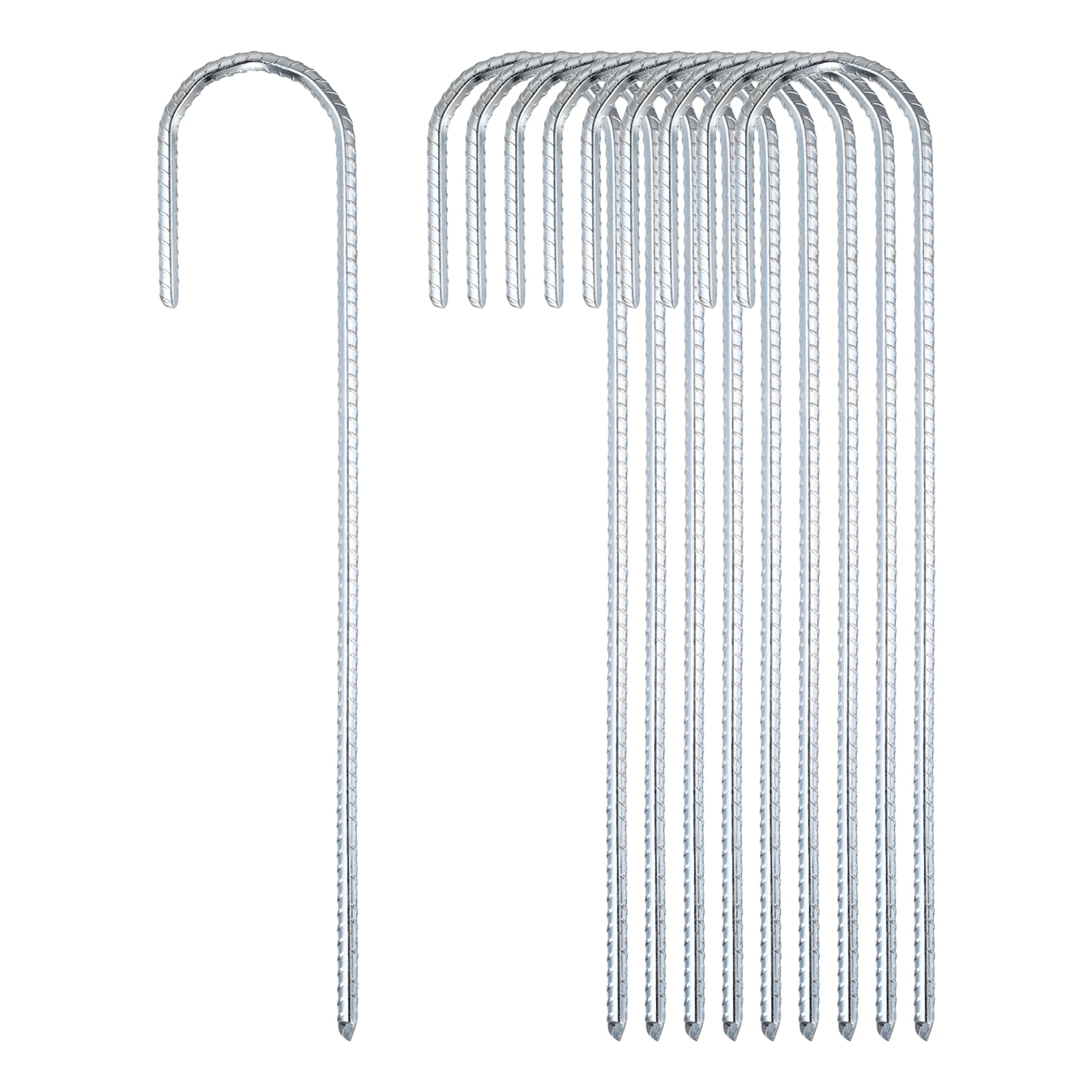 10 Pack Ground Stakes Heavy Duty J Shaped Stakes, 12 Inch Steel Tent Pegs 0.24" Dia J Hook Ground Anchors Link Fence Spikes with Chisel Point End for Garden Camping Gazebo, Silver