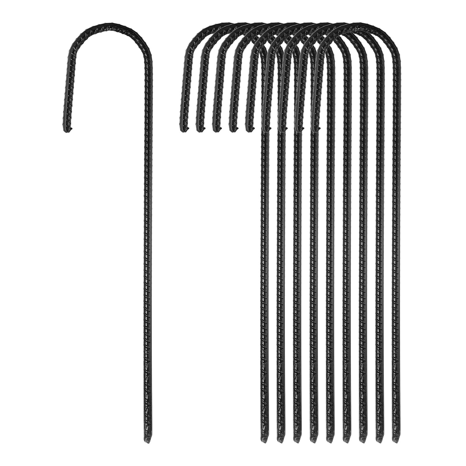 10 Pack Ground Stakes Heavy Duty J Shaped Stakes, 12 Inch Steel Tent Pegs 0.24" Dia J Hook Ground Anchors Link Fence Spikes with Chisel Point End for Garden Camping Gazebo, Black