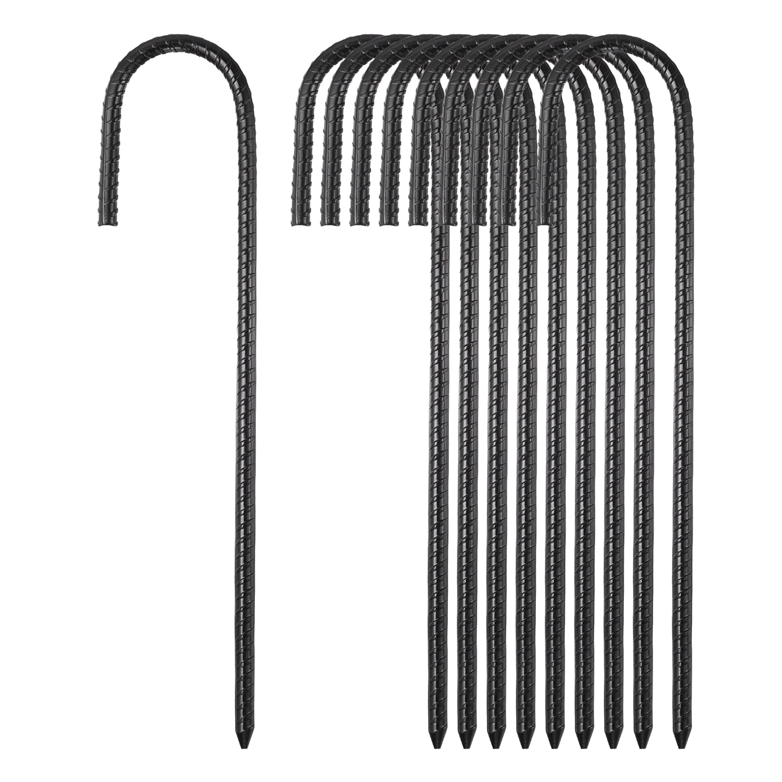 10 Pack Ground Stakes Heavy Duty J Shaped Stakes, 12 Inch Steel Tent Pegs 0.31" Dia J Hook Ground Anchors Link Fence Spikes with Chisel Point End for Garden Camping Gazebo, Black
