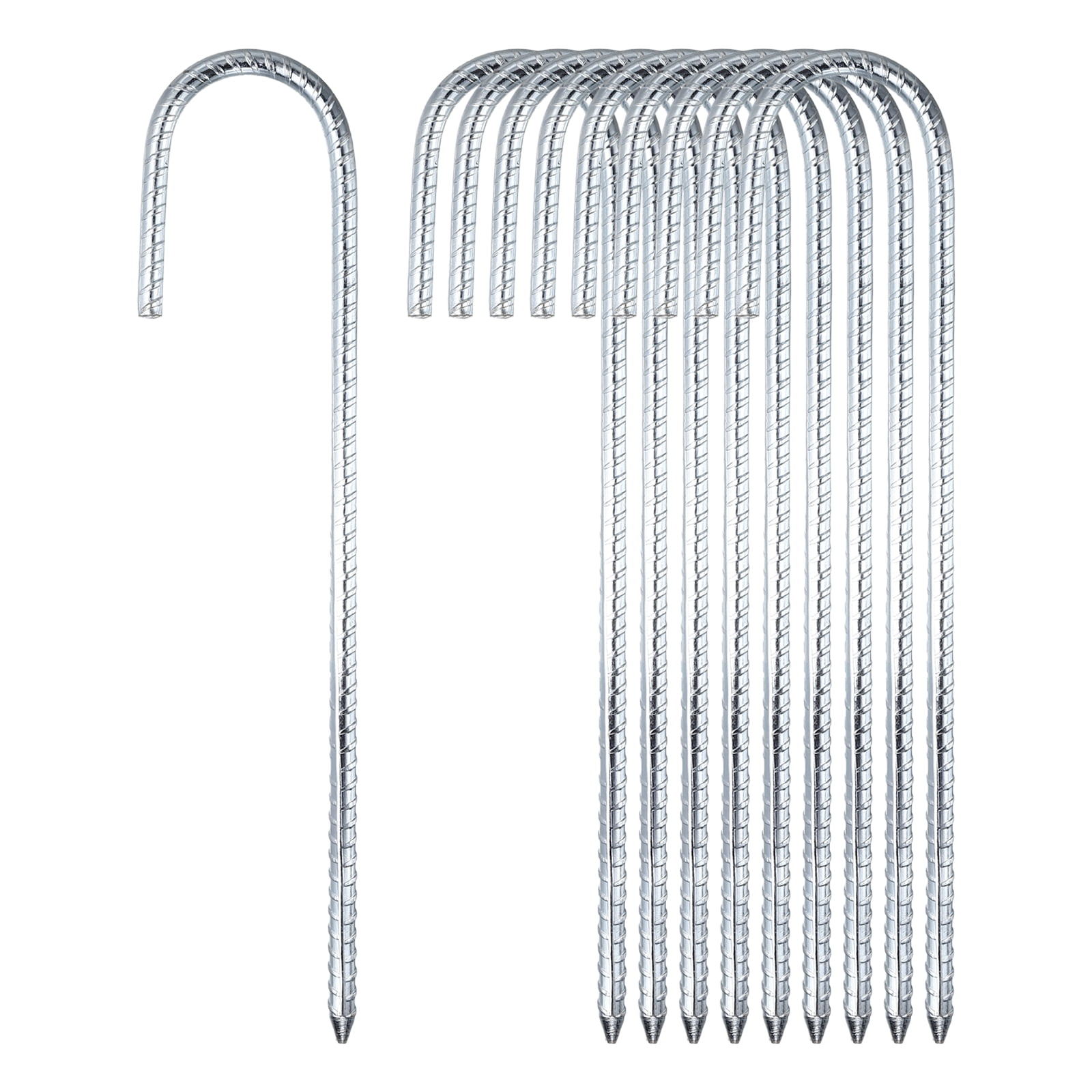 10 Pack Ground Stakes Heavy Duty J Shaped Stakes, 12 Inch Steel Tent Pegs 0.31" Dia J Hook Ground Anchors Link Fence Spikes with Chisel Point End for Garden Camping Gazebo, Silver