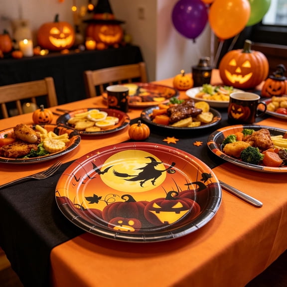 10 Pack Halloween Disposable Paper Plates, Pumpkin Witch Spider Round Paper Dinner Plates for Halloween Party Table Decorations & Food Serving