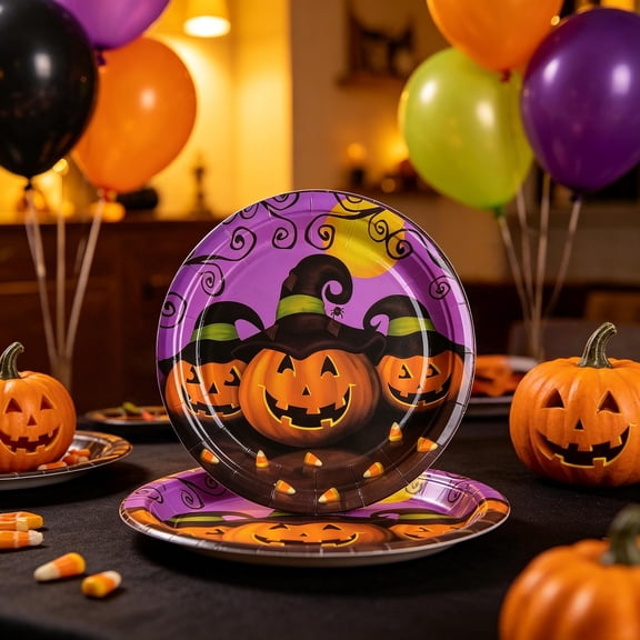 10 Pack Halloween Disposable Paper Plates, Pumpkin Witch Spider Round Paper Dinner Plates for Halloween Party Table Decorations & Food Serving
