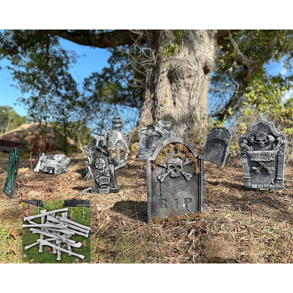 10 Pack Halloween Foam RIP Graveyard Tombstones with 15P Skeleton Bones for Halloween Party Outdoor Decorations