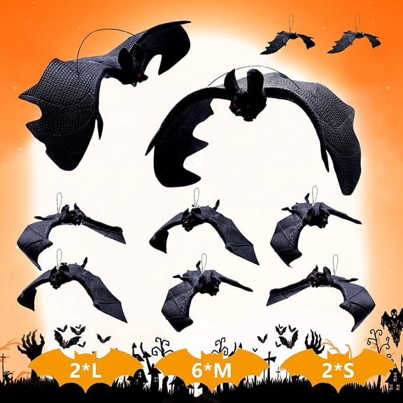 10 Pack Halloween Hanging Bats, Creepy Flying Rubber Bats Decor for Halloween Party Supplies