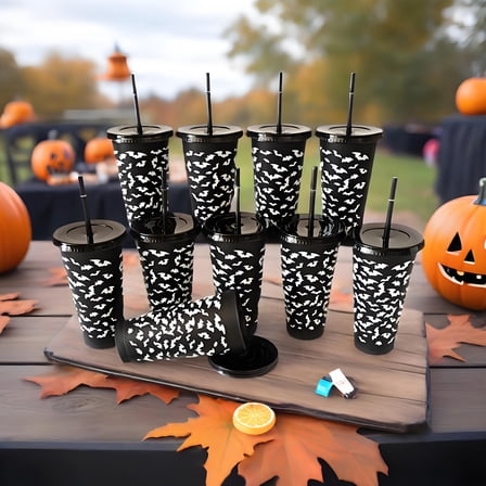 10 Pack Halloween Plastic Party Cups With Lids And Straws, Halloween Bat-Themed Plastic Cups And Cups, Reusable Plastic Cups