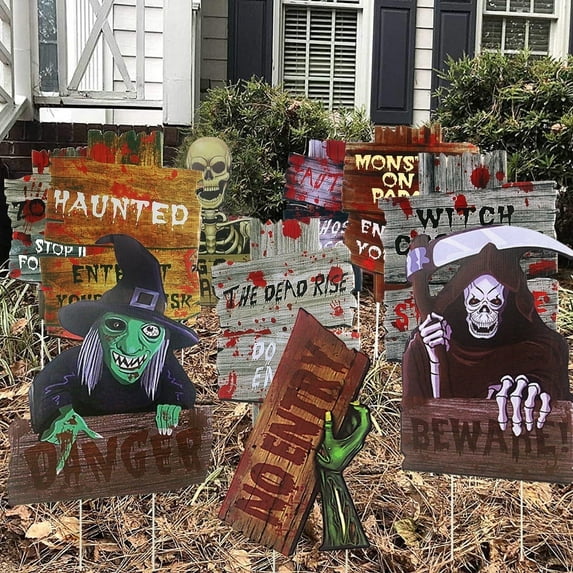 10 Pack Halloween Yard Signs, 15" x 11" Beware Stakes for Haunted House, Scary Theme Party