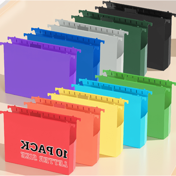 10 Pack Hanging File Folders Letter Size, Plastic 2" Expandable with Hooks and Tabs, File Organizer, Assorted Colors