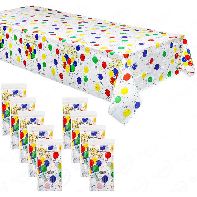 10 Pack Happy Birthday Balloons Plastic Tablecloth for Rectangle Tables