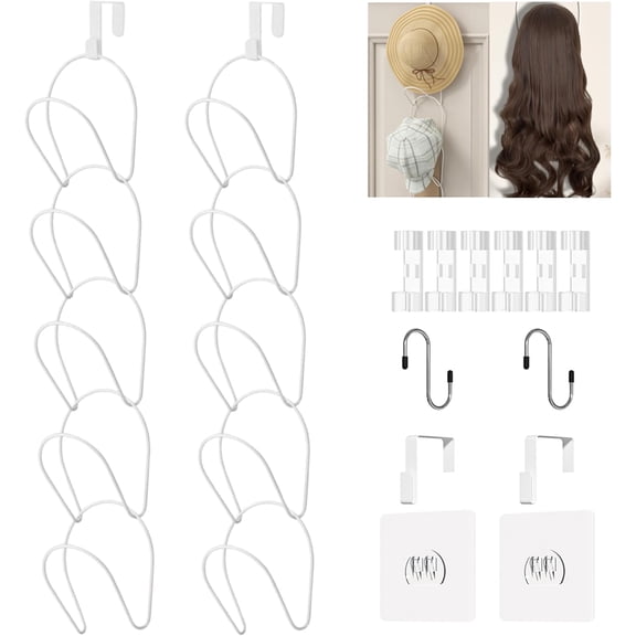 10 Pack Hat Rack Hanger Holder Organizer Closet Hanging Baseball Cap Display Storage Rack for Scarves Handbags Towels Clothes Ties Over Door Wall Mounted w Hanging Hook White