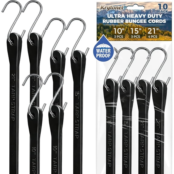 10 Pack Heavy Duty Bungee Cords with Hooks, Assorted 10" 15" 21" Rubber Straps, Elastic Tie Downs for Outdoor, Tarp, Cargo, Luggage, Motorcycle