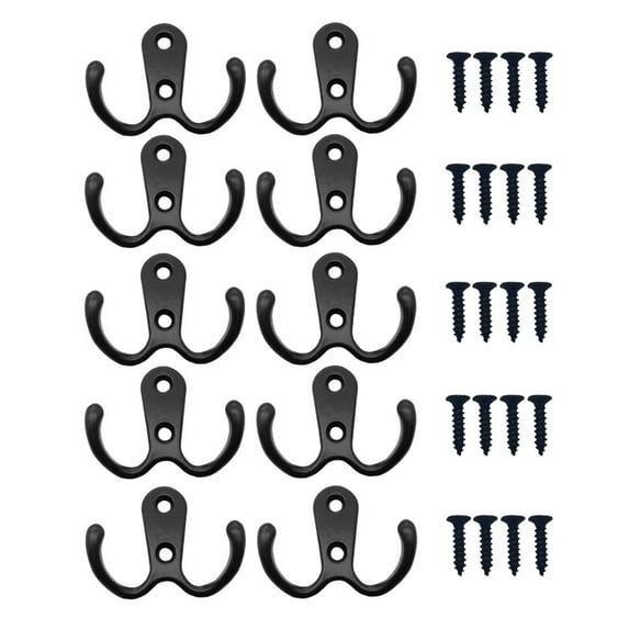 10 Pack Heavy Duty Double Prong Coat Hooks with 20Screws, Wall Mounted Utility Hooks, Retro Metal Coat Hooks for Hanging Coat, Bag, Scarf, Towel, Hat, Key, Cup(Black)