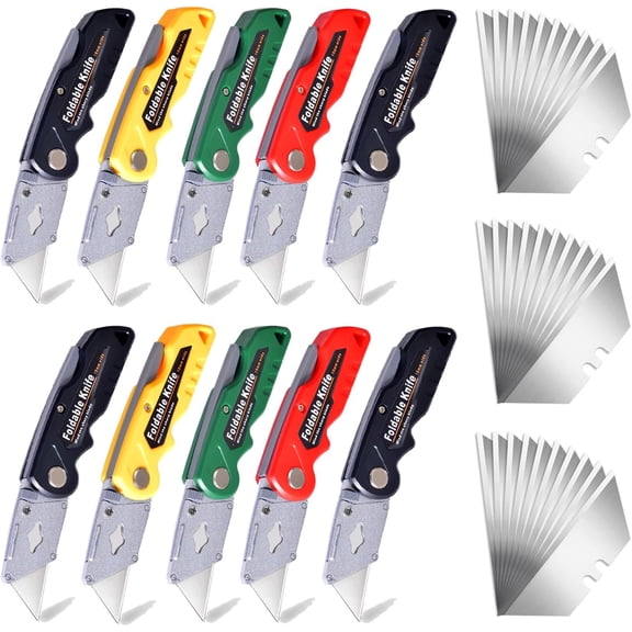 10-Pack Heavy Duty Folding Box Cutter Set with 30 Replacement Blades, Professional Utility Razor Knife (Pro)