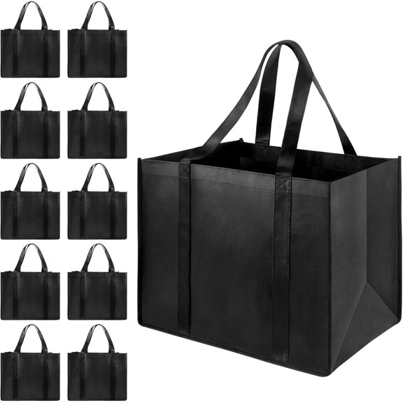 10 Pack Heavy Duty Kitchen Grocery Bags, Durable XL Shopping Tote with Handle Can Hold 45+lbs, Stands Upright, Foldable & Washable (Black)
