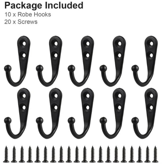 10-Pack Heavy Duty Wall Mounted Black Coat Hooks, Vintage Style Metal Hooks with 20 Screws for Mudroom, Backpack, Towel, Black, By VINOIC